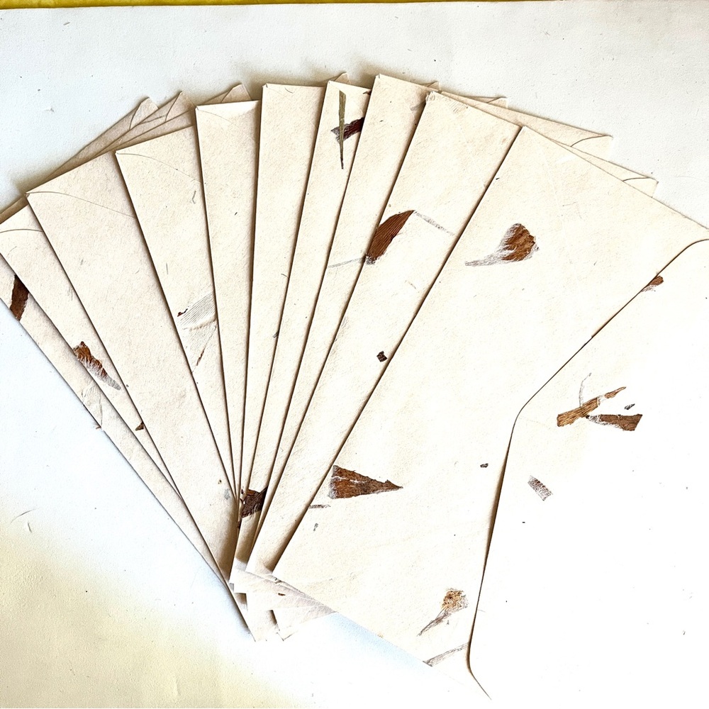 10 Cream art paper Envelopes with Leaf & Nature Material Accents. 8.5 inch long